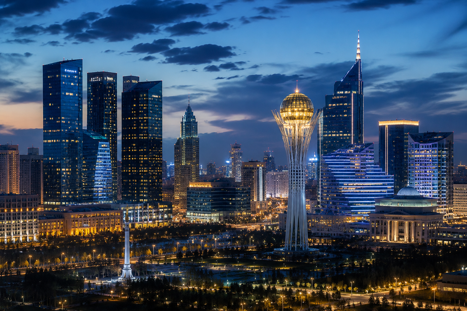 Astana Kazakhstan business district skyline at blue hour